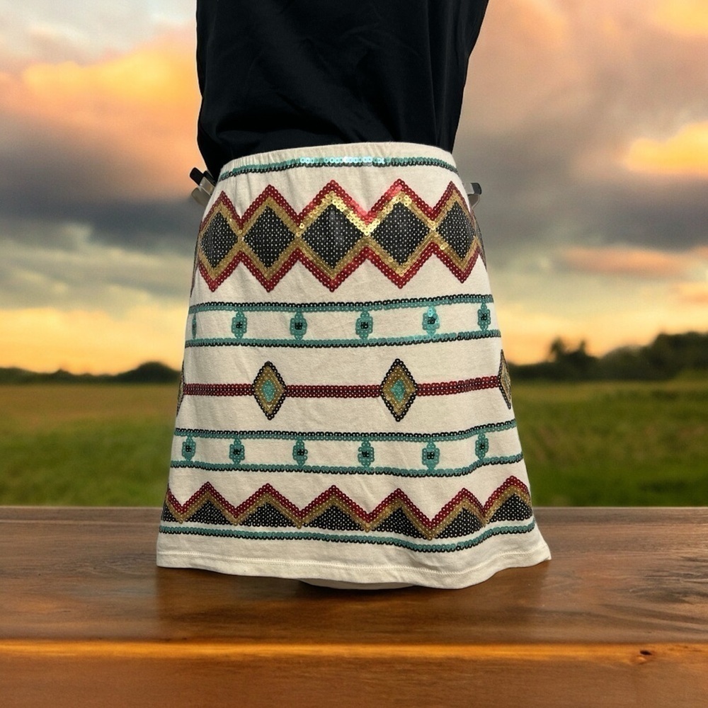 Bongo Mini Stretch Skirt with Sequins and Aztec or Native American Design XL
